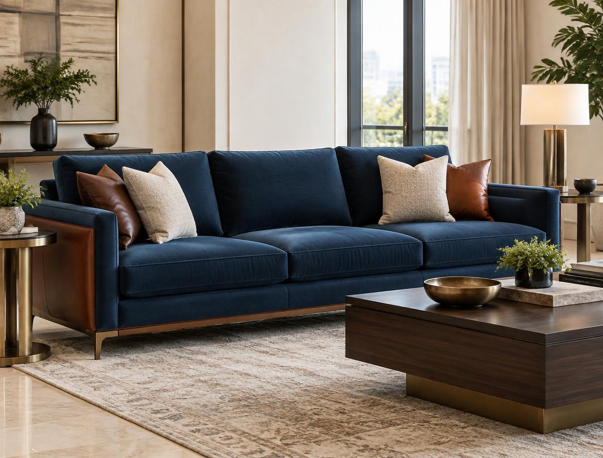 Blue modern sofa with brown leather accents
