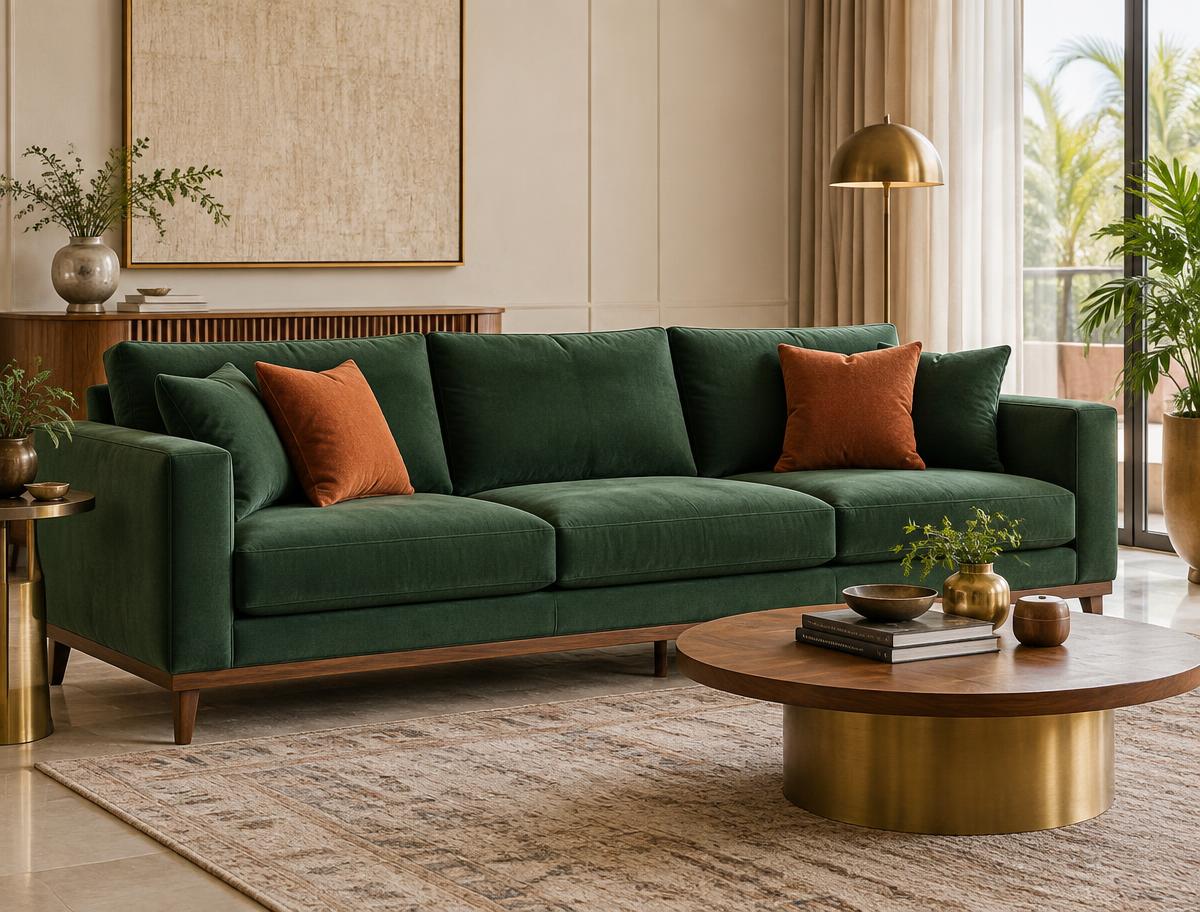 Green custom sofa with orange accent cushions